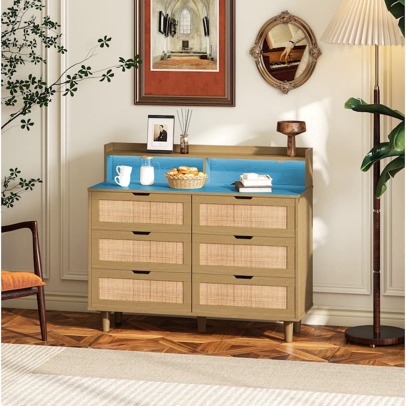 6-Drawers Rattan Storage Cabinet with LED Lights and Power Outlet
