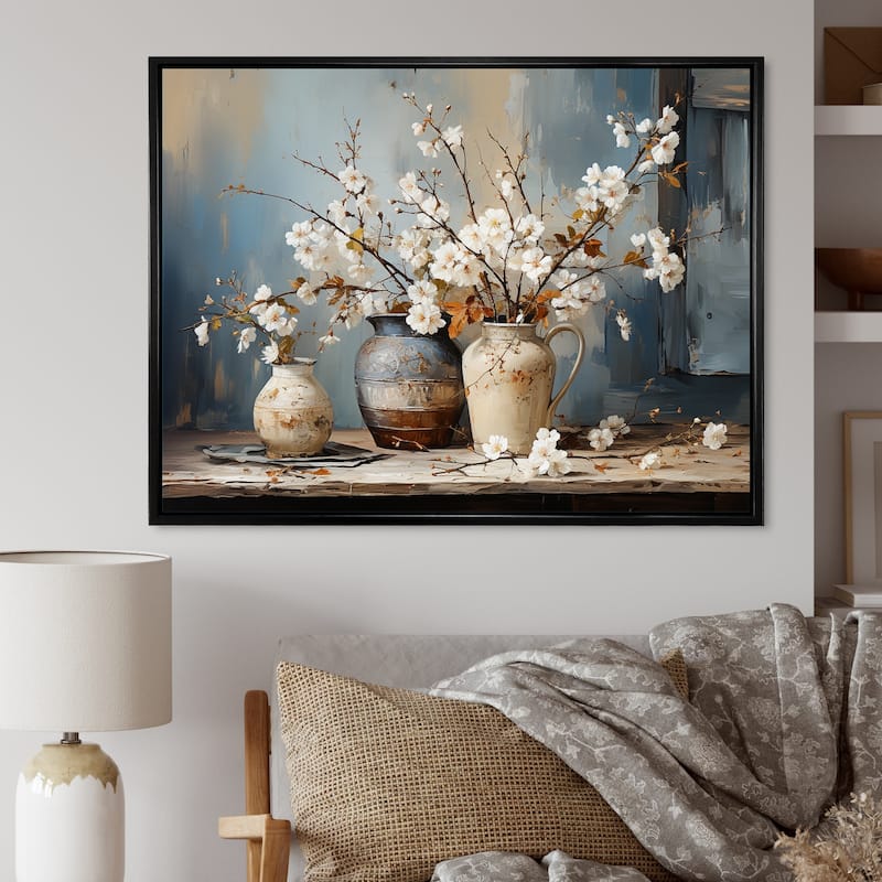 Designart "Pottery And Flowers Still Life I" Landscape Trees Framed Canvas Art Print - 40 in. wide x 30 in. high - Black