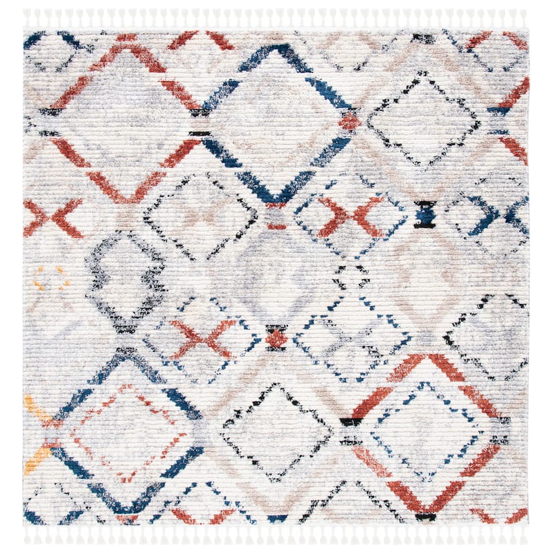 SAFAVIEH Morocco Ilo Boho Tassel Rug - 6'7" Square - Grey/Navy