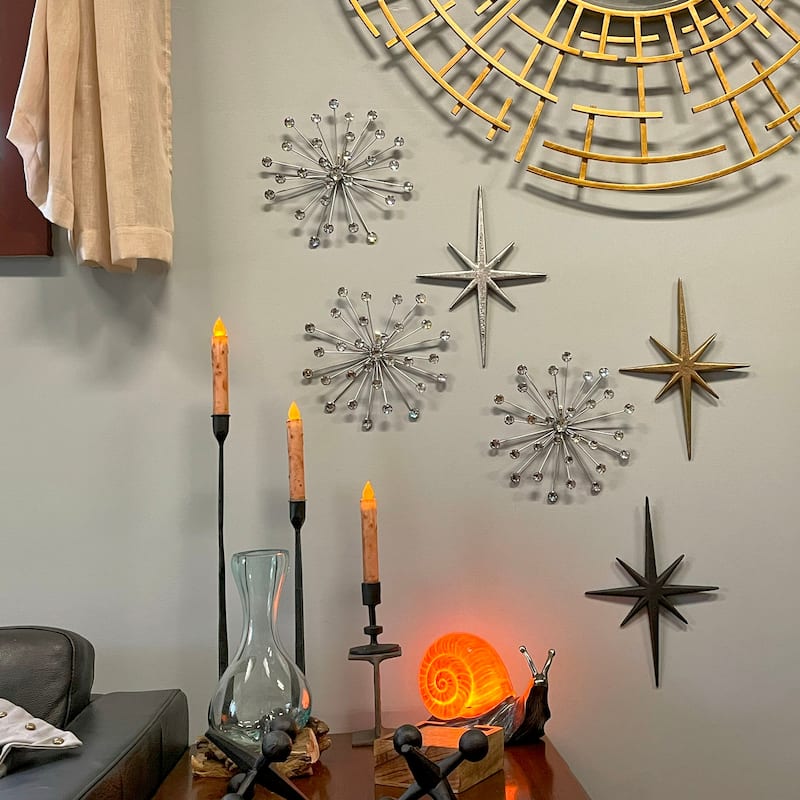 Set Of 6 Silver Starburst Jeweled Metal Decorative Wall Art Hangings