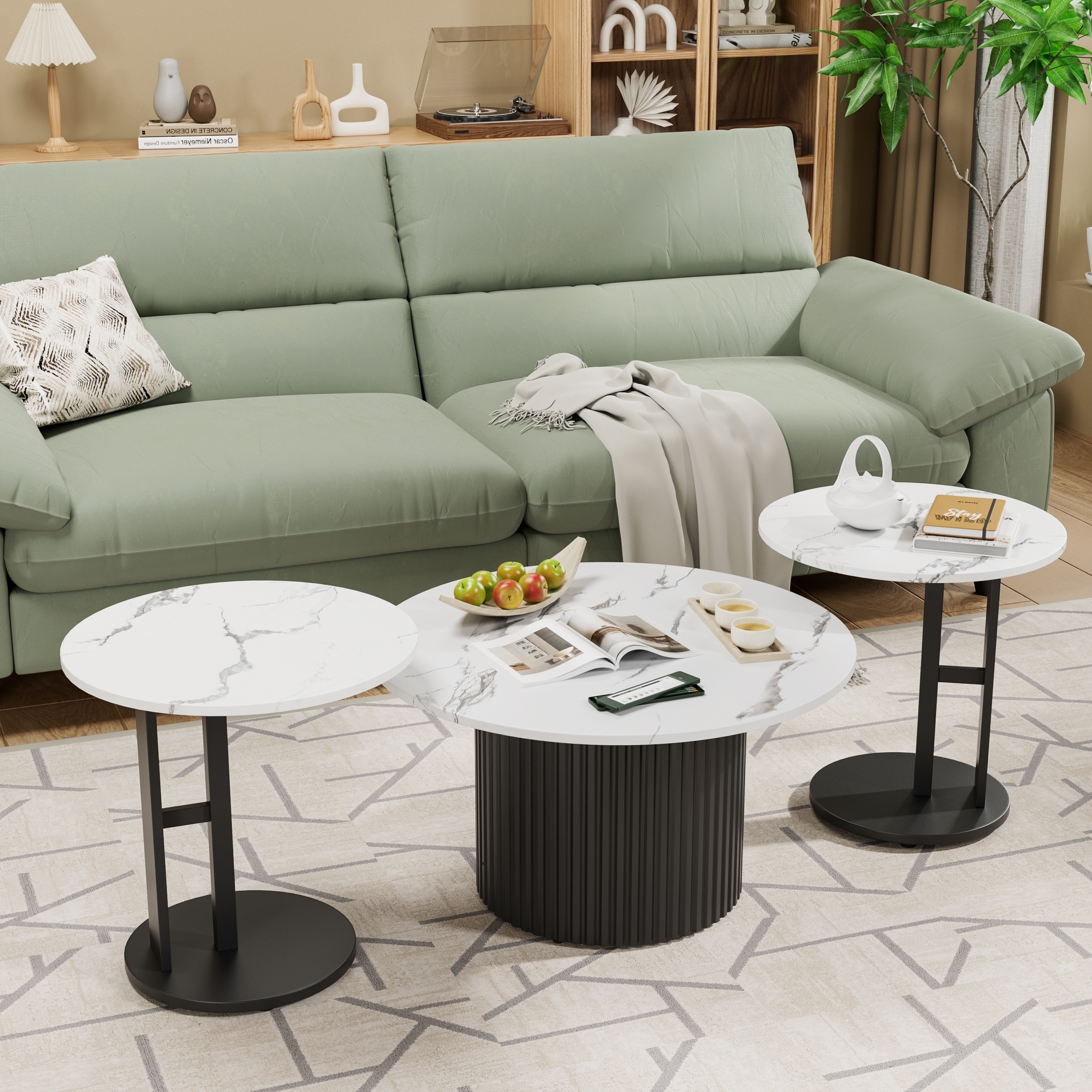 Coffee Table Set of 3, Modern Nesting Coffee Tables with Faux Marble Top and Metal Legs, Round Coffee & Side Tables