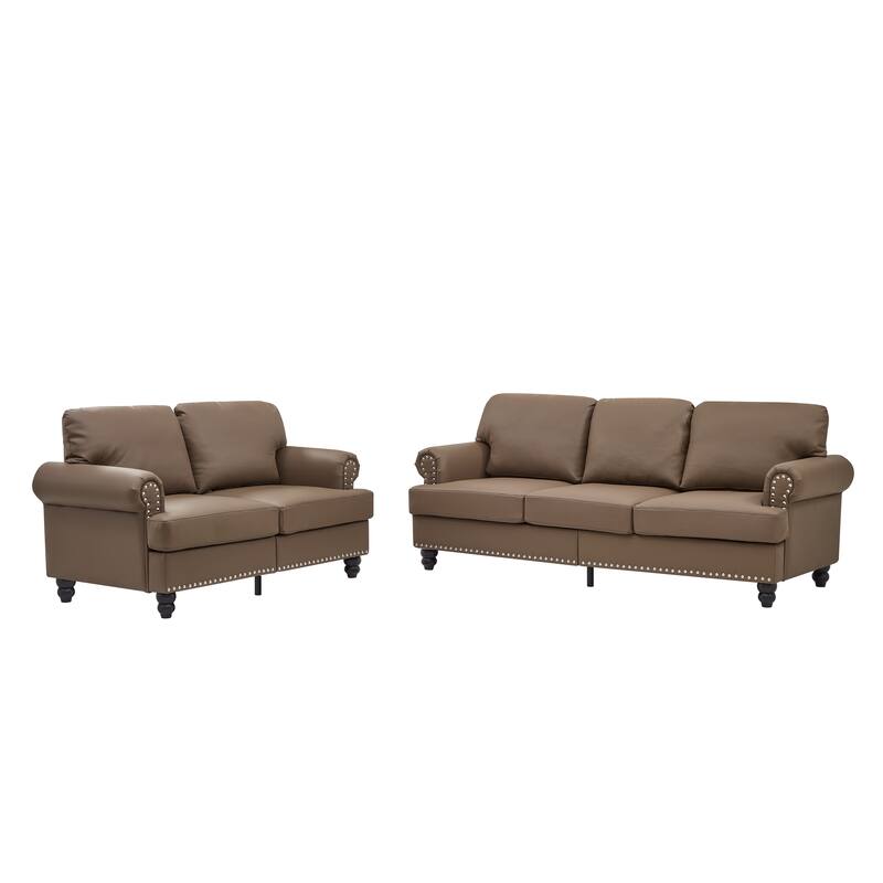 Imitation Cowhide Leather Loveseat & 3 Seater Couch Set of 2 with Hidden Storage, Round Armrests with Silver Nailhead Trim - Brown