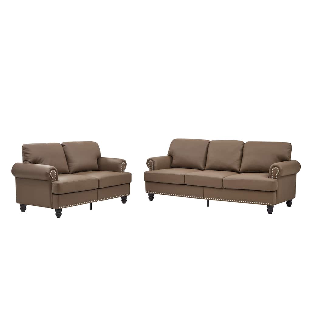 Imitation Cowhide Leather Loveseat & 3 Seater Couch Set of 2 with Hidden Storage, Round Armrests with Silver Nailhead Trim