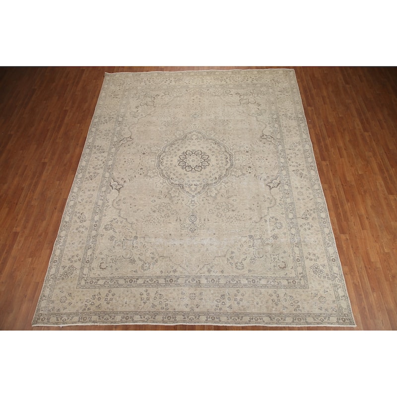 Hand Knotted Oriental 100% Wool Carpet Traditional Floral Beige & Ivories Tabriz Area Rug - 12' 4'' X 9' 10''