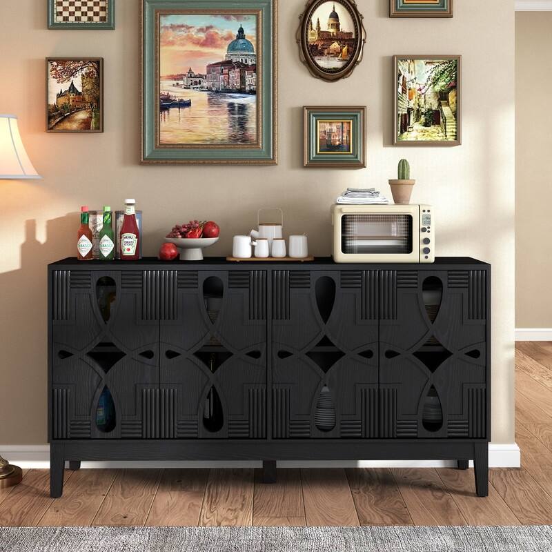 60.5" Mid Century Modern Sideboard Buffet Cabinet with 4 Doors, Adjustable Shelves, and Outlet Holes