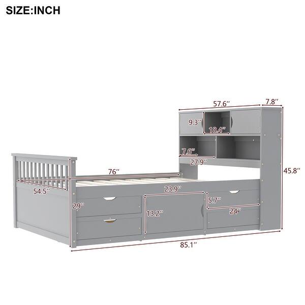 dimension image slide 0 of 2, Full Size Captain Platform Bed Frame with Storage Bookcases and Shelves, Four Drawers,White