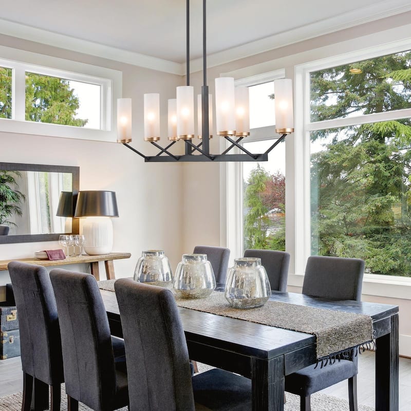 Kayna Modern 8-Light Black Gold 31.5" Linear Island Lights Glass Chandelier for Dining Room