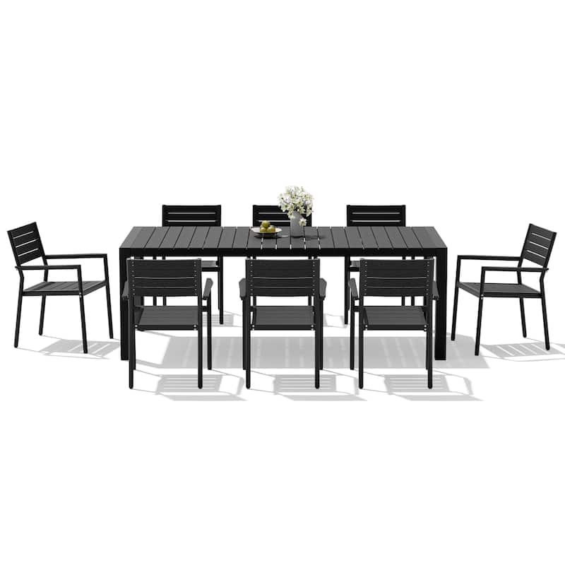 9-Piece Set Outdoor Aluminum Dining Table with Umbrella Hole and Stackable Dining Chairs