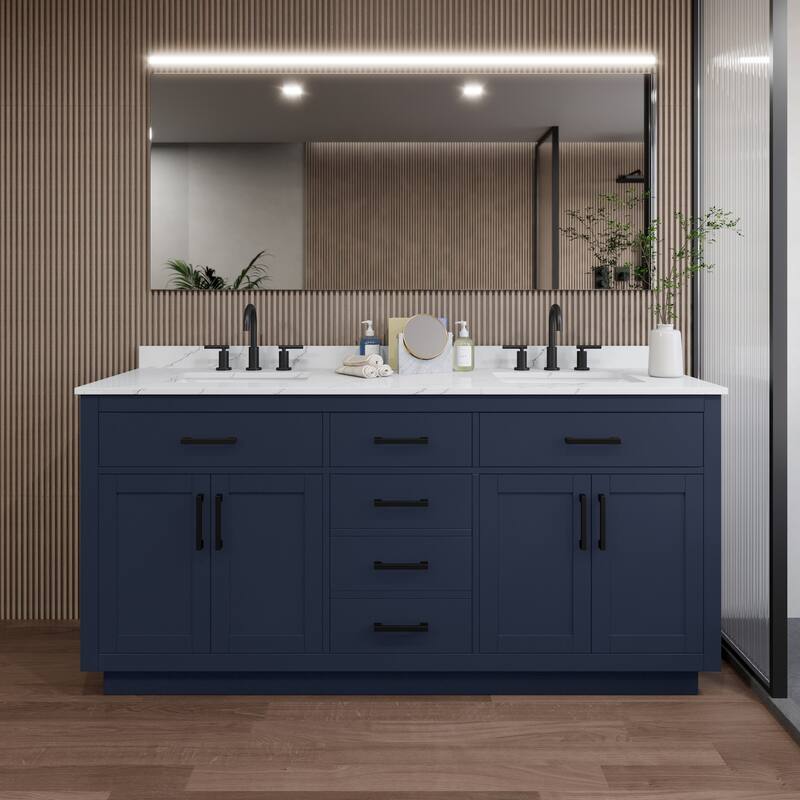 Wyndham Collection WCG262672D-QTZ-US3MXX Beckett TK 72" Free Standing - Dark Blue / Giotto Quartz Top / Matte Black