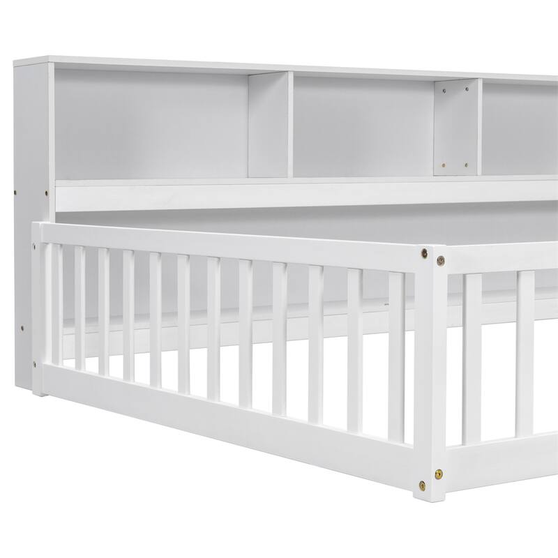 Full Floor Bed with Side Bookcase,Shelves,Guardrails