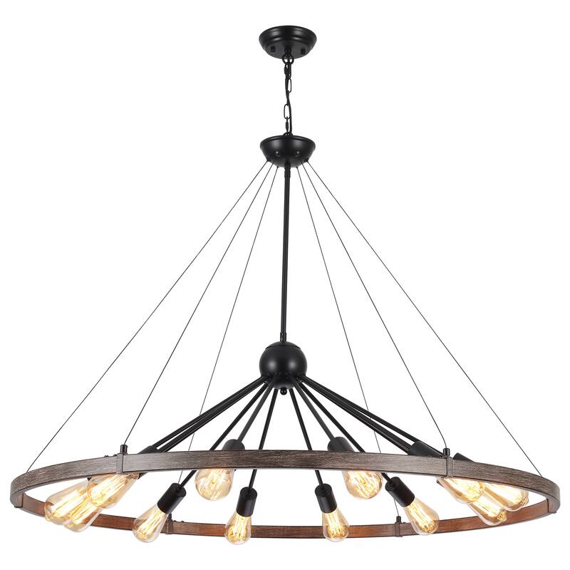 12-Light W43.3" x H90.55" Wagon Wheel Chandelier for Study Bedroom