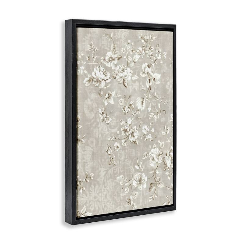 Stupell White Flowers over Damask Framed Floater Canvas Wall Art Design By LSR Creative Studio
