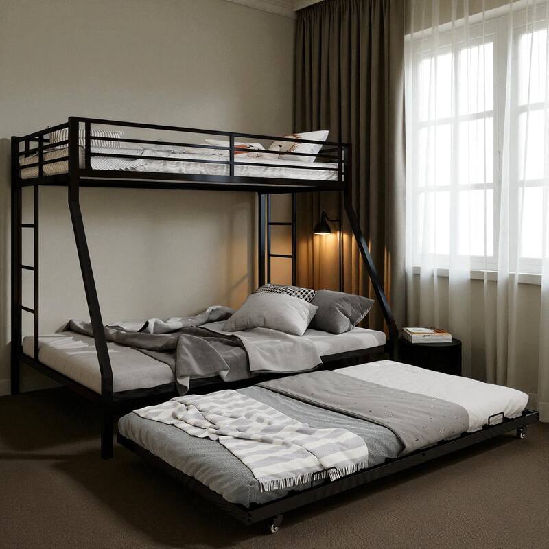 Full Size Metal Bunk Bed with Ladder and Rolling Trundle, Square Tube Frame, Heavy-Duty Triple-Sleeper for Home or Dorm - Black - Full