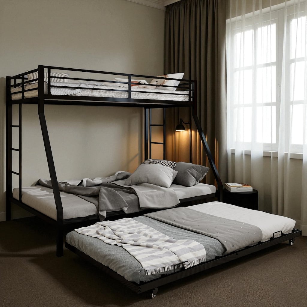 Full Size Metal Bunk Bed with Ladder and Rolling Trundle, Square Tube Frame, Heavy-Duty Triple-Sleeper for Home or Dorm