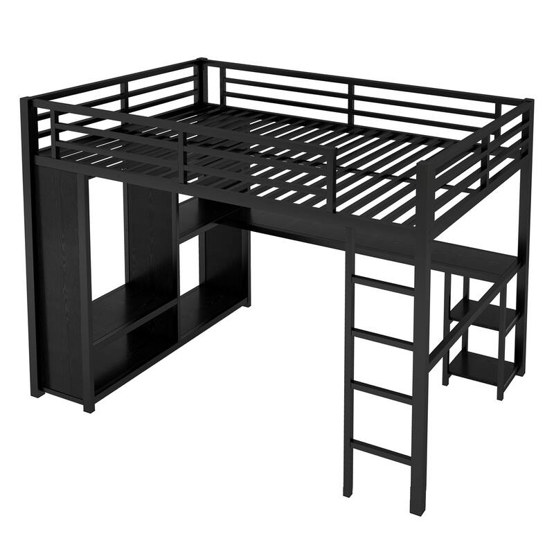 Modern Queen Size Metal Loft Bed with Built-in Wardrobe, Desk and Open Shelves, Storage Bed Frame with Guardrails and Stairs
