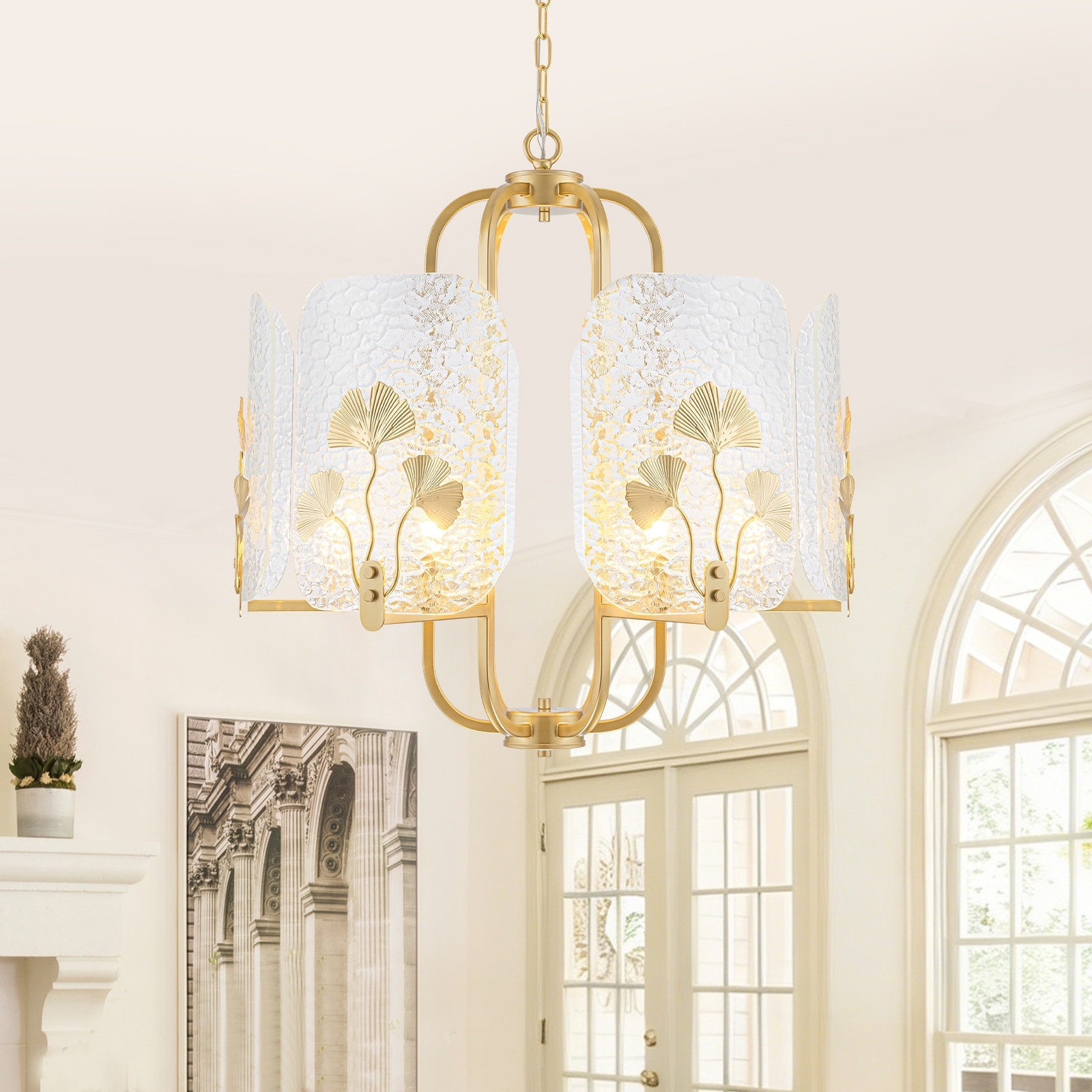 6-Light Modern Chandelier Hammered Glass Shades Leaf Accents Dining - Dia.23.62inch