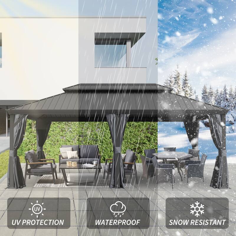 14' X 20' Hardtop Metal Gazebo with Drainage System, Galvanized Steel Roof, Curtains, and Netting for Outdoor Patio and Garden