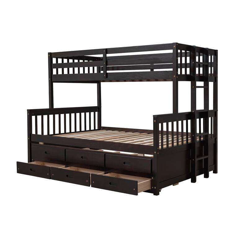 Twin-Over-Full Bunk Bed with Trundle and Drawers, Space-Saving Kids Bedroom Furniture in Espresso