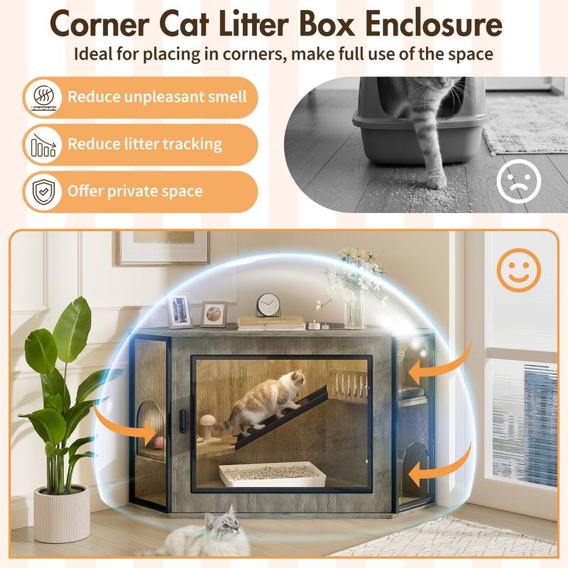 48" Corner Cat Litter Box Enclosure, Modern Hidden Litter Box Corner Cabinet with Acrylic Door and LED Light