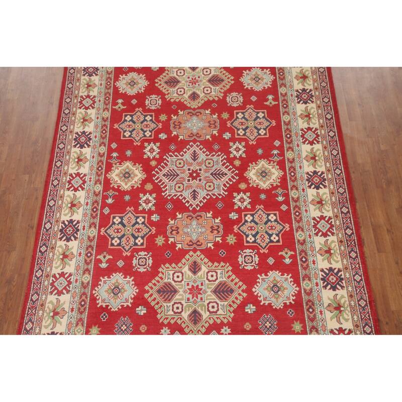 Hand Knotted Oriental 100% Wool Carpet Traditional Geometric Red Kazak Area Rug - 9' 10'' X 6' 6''