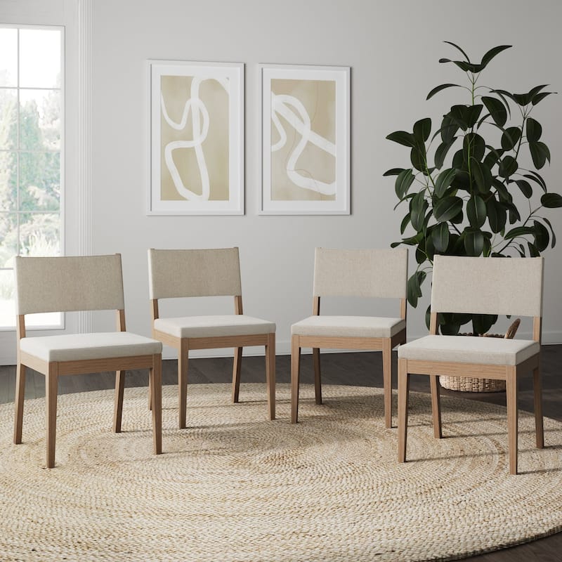 Linus Modern Upholstered Dining Chair, Solid Rubberwood Legs - Set of 4 - Off-White/Brown