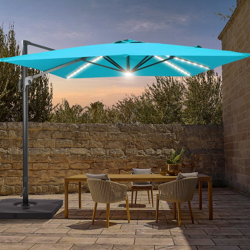 LIVOOSUN 11.5x9FT LED Cantilever Patio Umbrella Solution-Dyed Fabric w/Base - Lake Blue