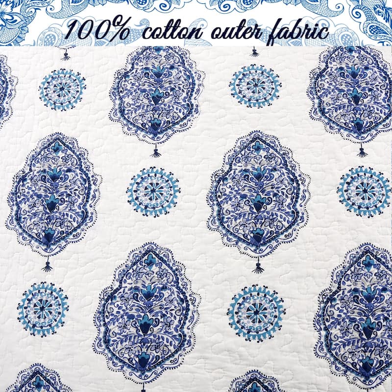 Cozy Line Hittle 3 Piece Cotton Reversible Quilt Bedding Set - Blue/White