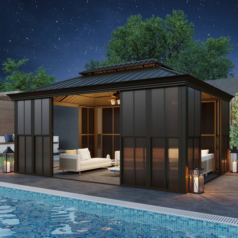 Hardtop Gazebo with Double Steel Roof, Sliding/Lockable Doors & Screens - All-Season Rustproof Aluminum Frame，Advanced Drainage