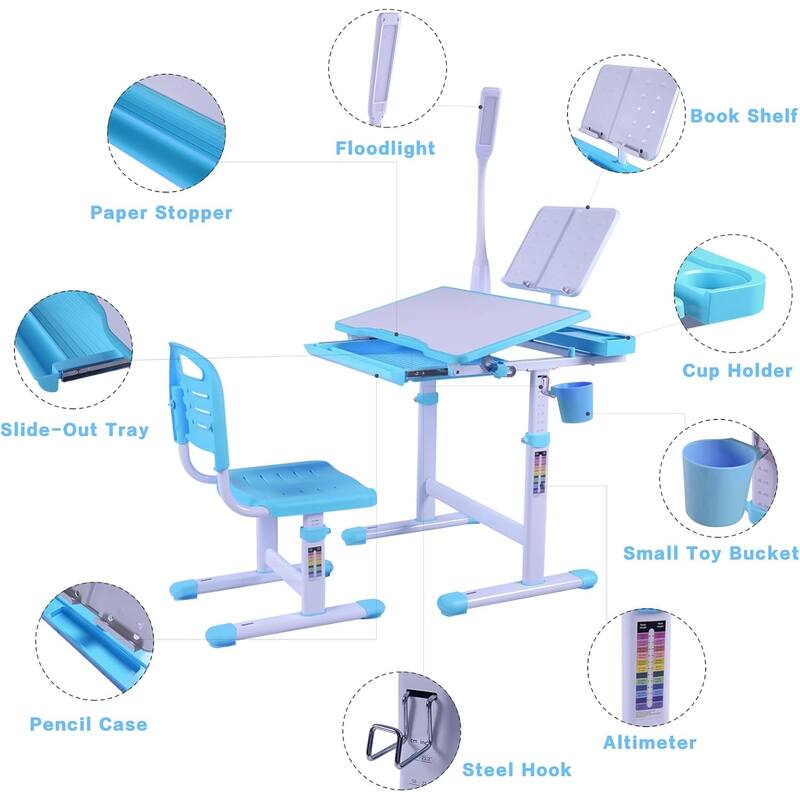 Modern Ergonomic Kids Desk and Chair Set with Tiltable Desktop and LED Light for Study and Reading or Drawing