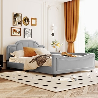 Bedroom Platform Bed Full Size Bed Frame Grounded Bed with Headboard, Side Fence, Embedded Copper Nail - Grey