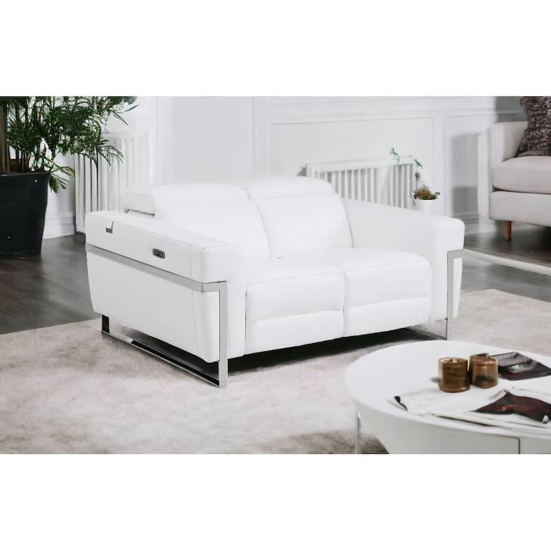 HomeRoots 65" White And Silver Italian Leather Power Reclining Loveseat - White