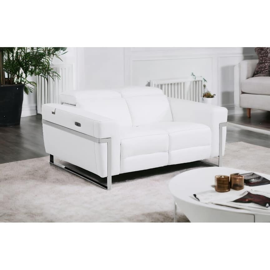 HomeRoots 65" White And Silver Italian Leather Power Reclining Loveseat