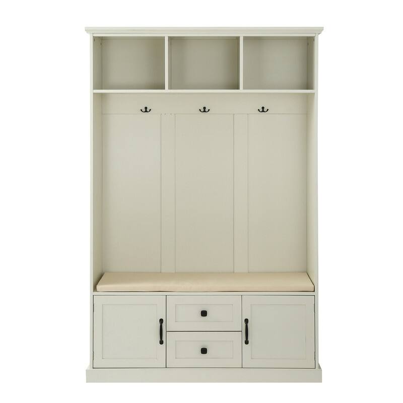 Traditional Style Entryway Hall Tree with Cushion Storage Bench/3 Coat Hanger/3 Shelves