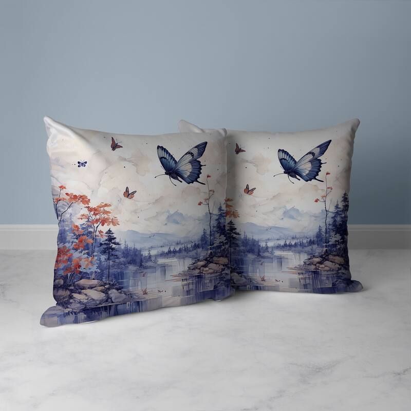 Fluttering Floral Heights Faux Suede Reversible Throw Pillow Blue and Red