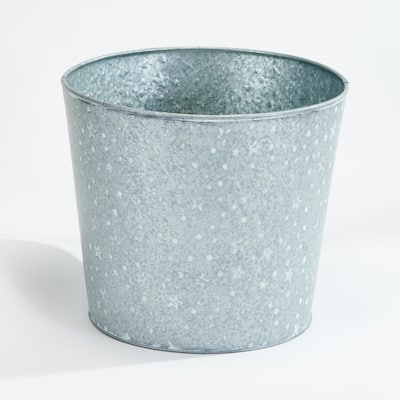 Galvanized Metal Christmas Planter Bucket with White Stars and Dots, 10.5" Height, 12" Diameter, Set of 2 - 10.5