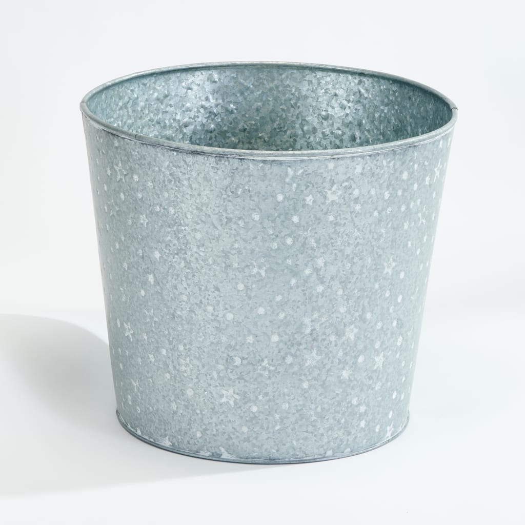 Galvanized Metal Christmas Planter Bucket with White Stars and Dots, 10.5" Height, 12" Diameter, Set of 2 - 10.5