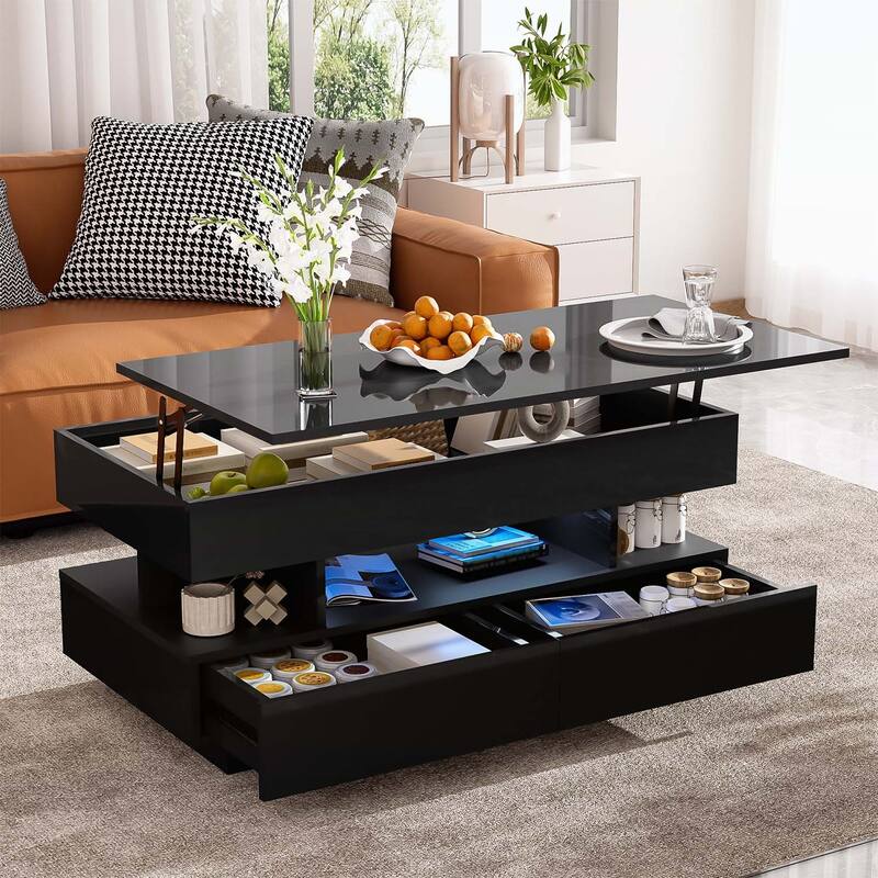 Multi-Functional Lift-Top Coffee Table with 2 Drawers,with High-Gloss Finish for Living Room