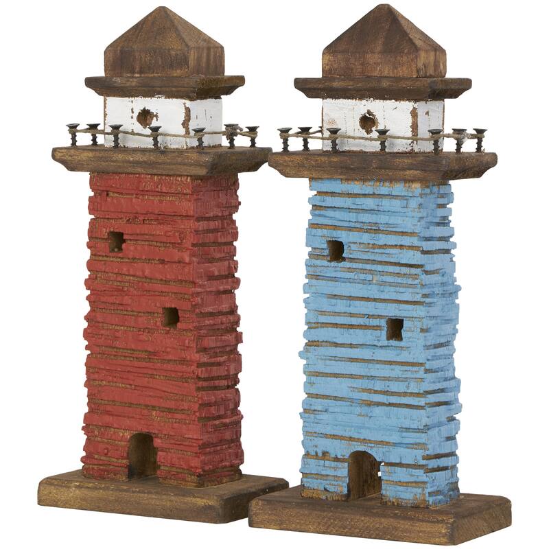 Wood Light House Distressed Decorative Sculpture with Blue and Brown Accents - Set of 2 Red - Roche River Decor