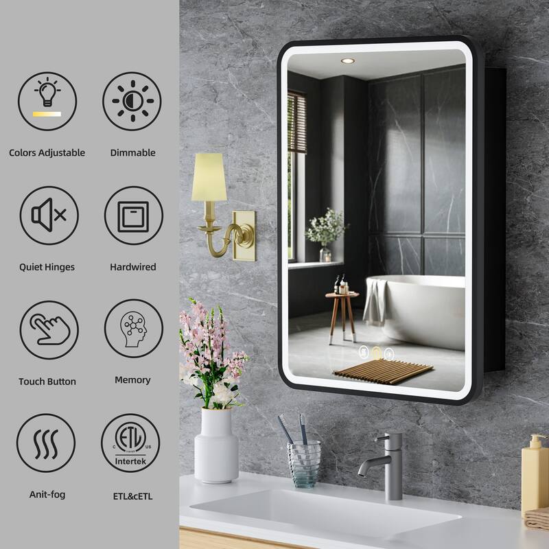 Aris Recessed/Surface Mount Bathroom Medicine Cabinet with Mirror and Lights, Dimmable, Adjustable Shelves, Fast Defogging