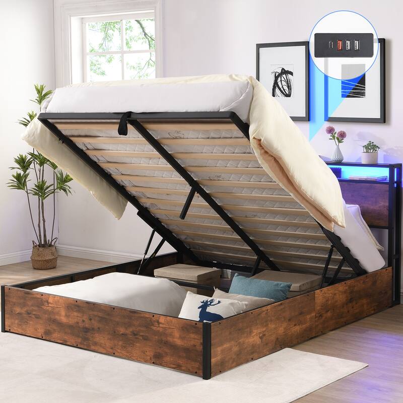 Sturdy Full Size Lift-up Storage Bed Frame w/ Bookcase Headboard & LED Lights Wooden Platform Bed w/ Charging Station