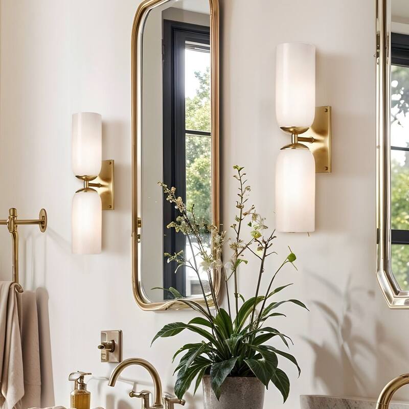 Glass Double Wall Sconce - Metal, Glass Matte Black, Ivory 2-Light Sconce for Bathroom or Entryway in Modern, Mid-Century Style