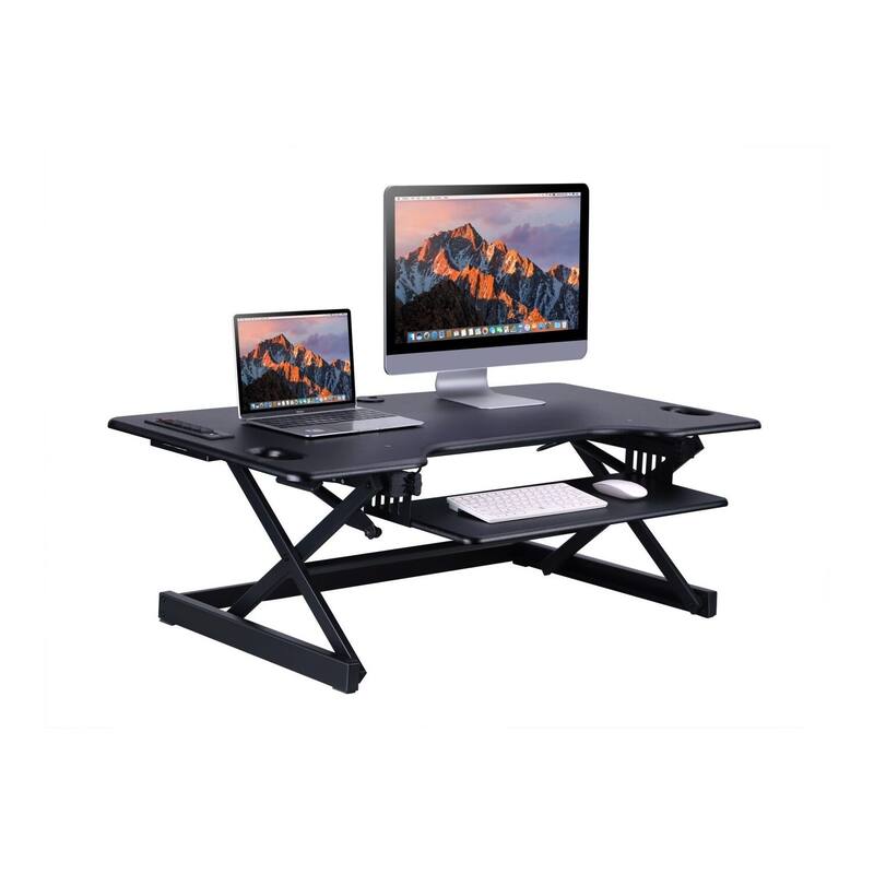 Rocelco 46 in. W Black Standing Desk Converter with AC USB Charger and Triple Monitor Mount Arm with Keyboard Tray