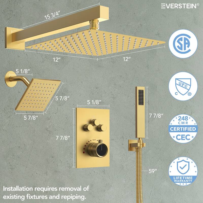 Thermostatic Shower Faucet 12" and 6" High-Pressure Dual Showerheads with Handheld Shower