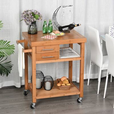 HOMCOM Bamboo Rolling Kitchen Island Trolley Utility Cart with Rolling Wheels, 2 Storage Drawers & Adjustable Shelving