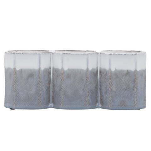 Ceramic 4"h 3-cup Pen Holder, White, gray 4.0"H - 10.0" x 3.0" x 4.0"