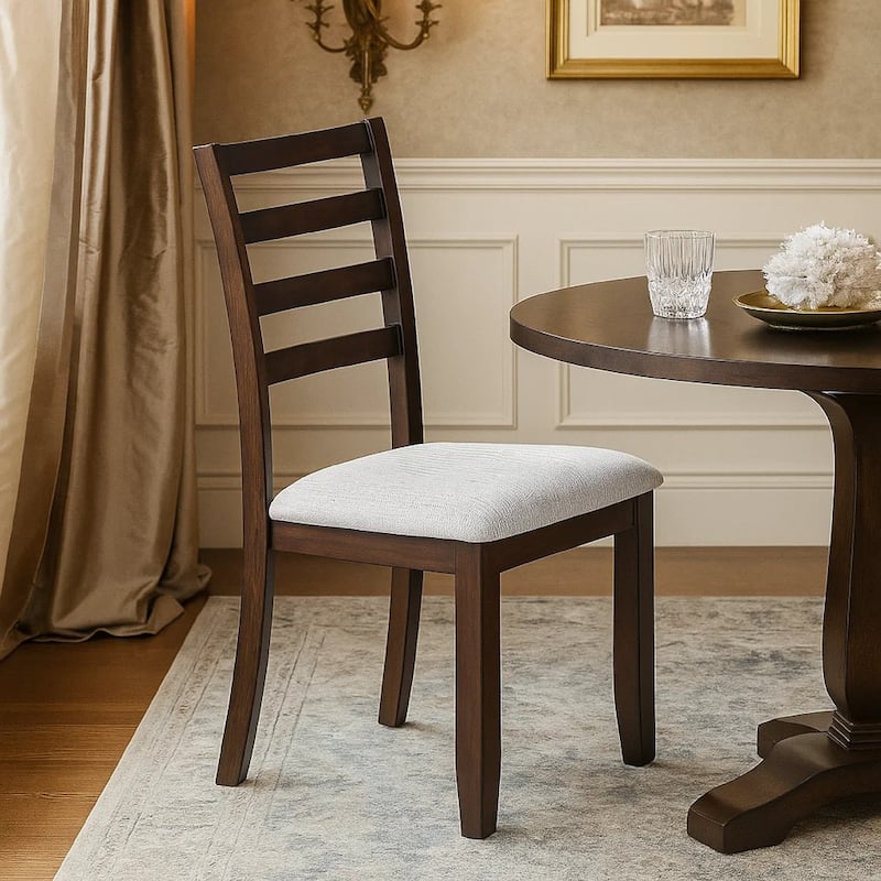 Rosanna Dining Chair, Set of 2, White Fabric Foam Seat, Walnut Brown Rubberwood