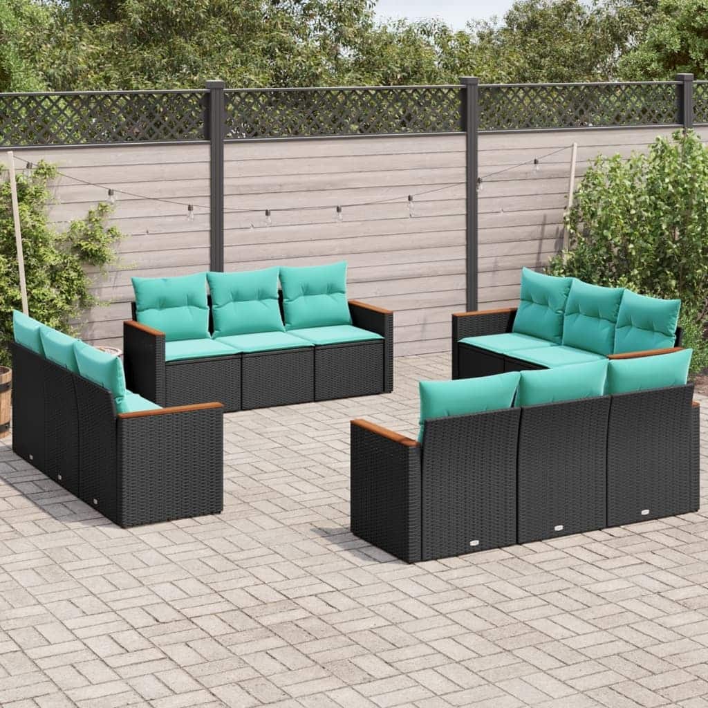 vidaXL 12 Piece Patio Sofa Set with Cushions Black Poly Rattan