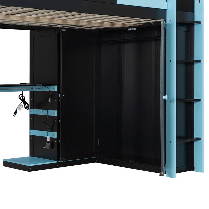 Full Size Wood Loft Bed with Desk - Multi-Storage Shelves, USB & RGB Light, Study Loft Bed