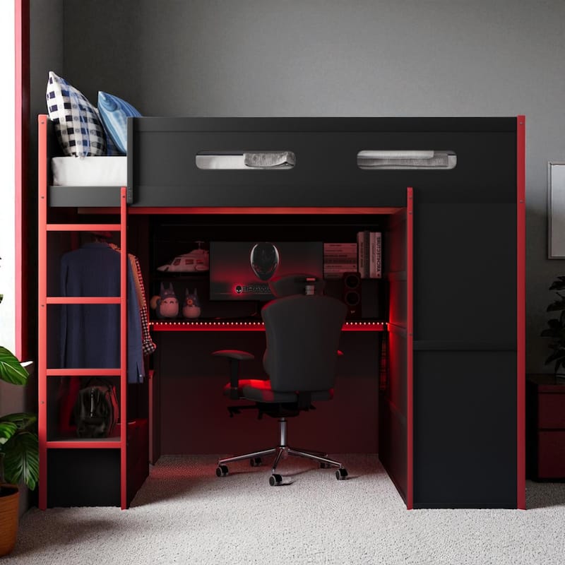 Full Size Loft Bed with Desk, RGB LED Lights, Wardrobes, Drawers and USB Charging Port for Teens and Gamers - Red - Full