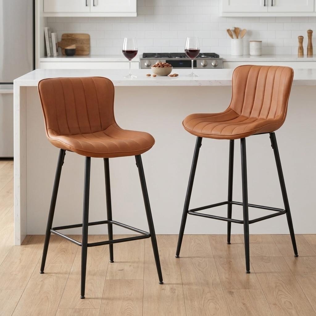HomeRoots Set of Two 27" Brown And Black Faux Leather And Metal Low Back Counter Height Bar Chairs
